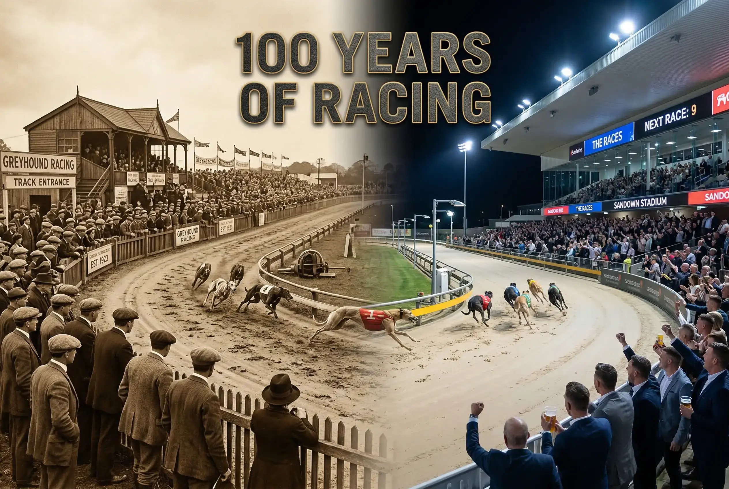 Vintage-style montage of a 1920s greyhound race scene blending into a modern floodlit stadium