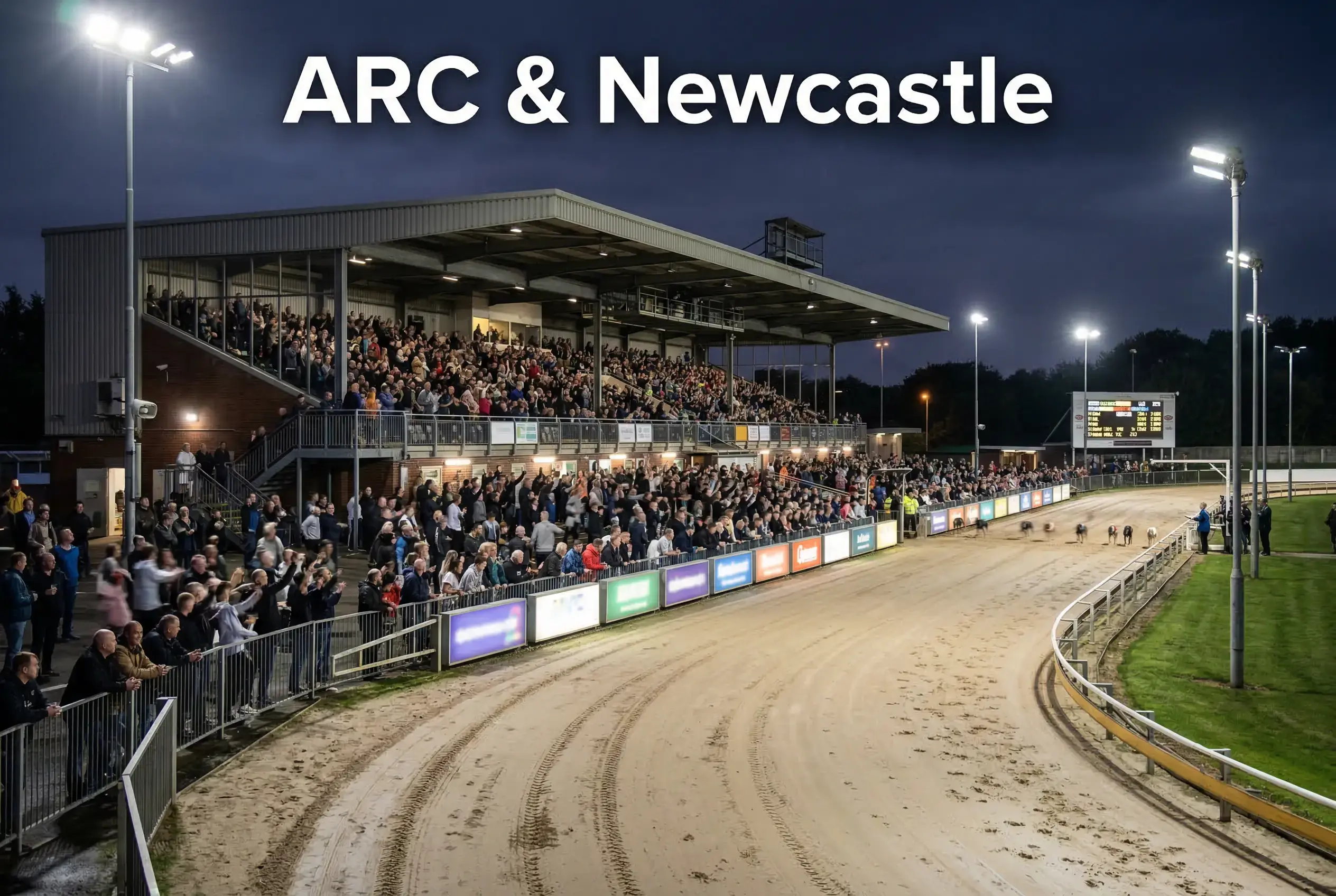 Aerial view of a well-maintained greyhound stadium with corporate branding and a packed grandstand