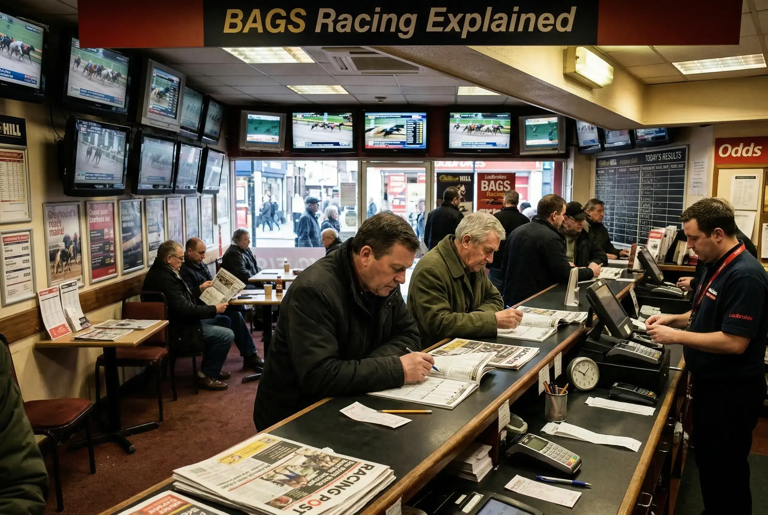 Interior of a British betting shop with screens showing live daytime greyhound racing from multiple tracks