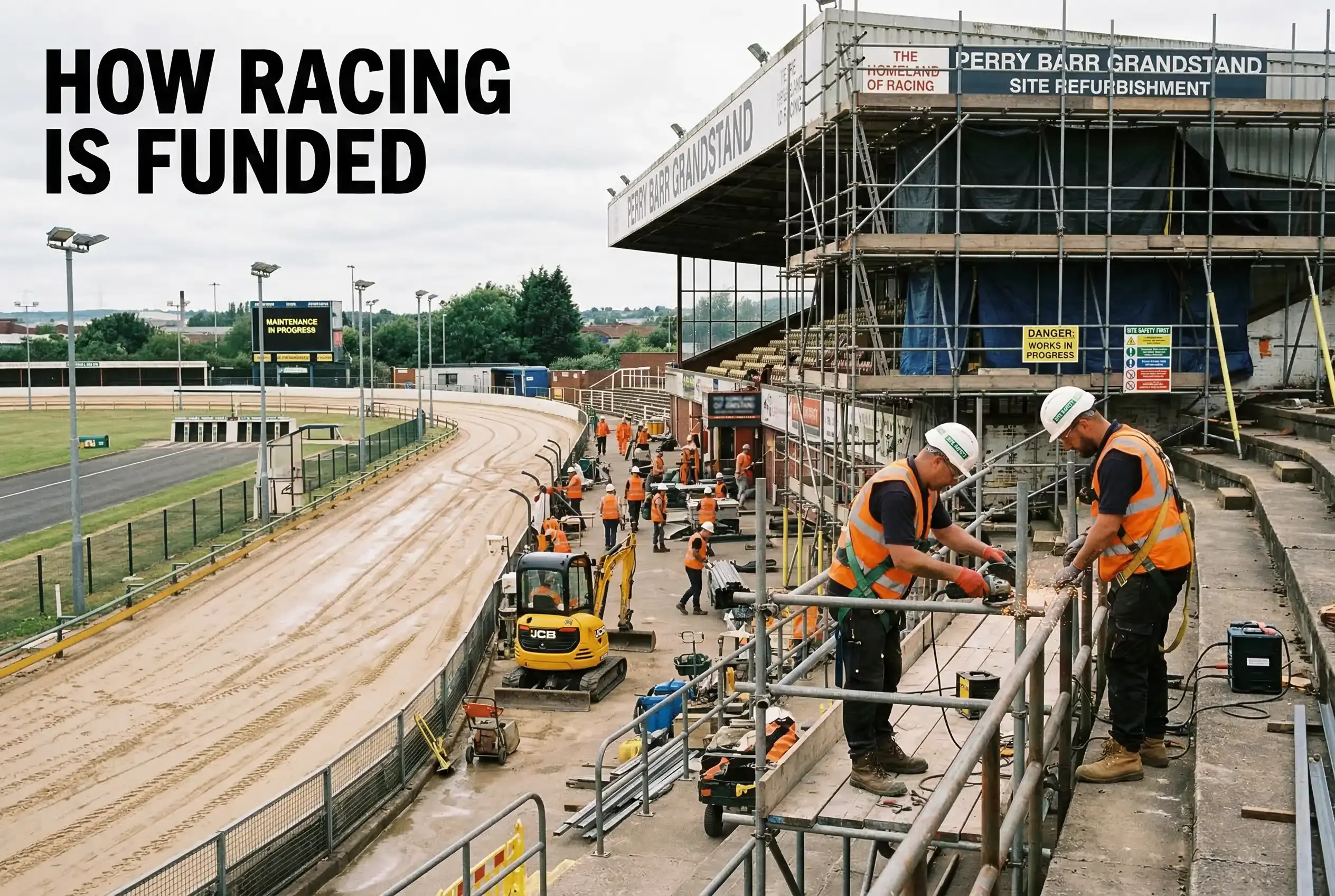 A British greyhound stadium under maintenance with workmen improving facilities funded by industry levy