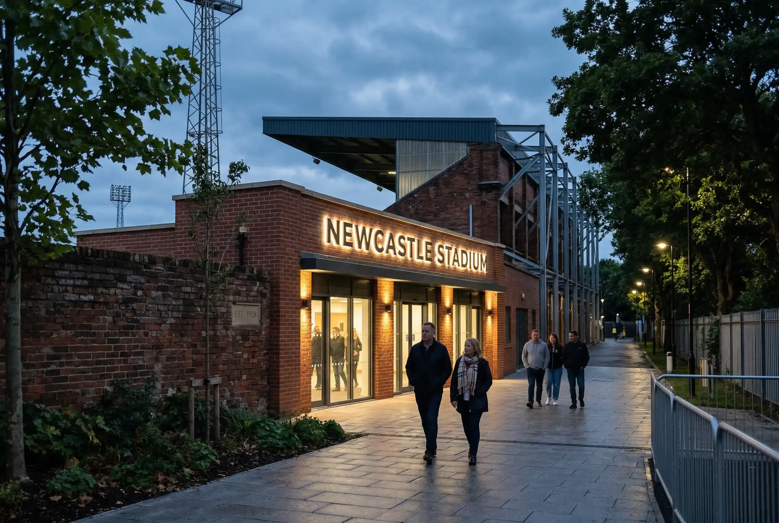 Entrance to Newcastle Brough Park greyhound stadium with the main stand and floodlight pylons