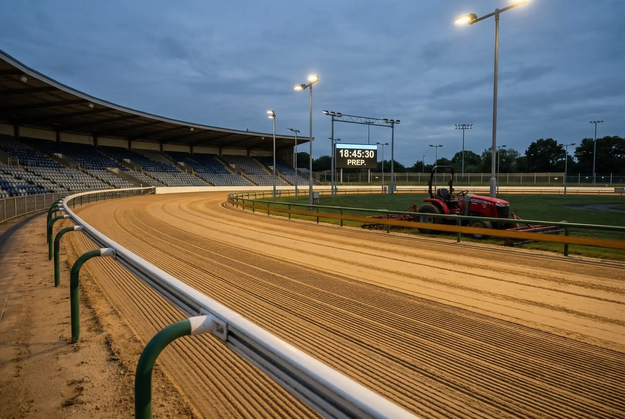Brough Park greyhound sand track surface being prepared before a Newcastle race meeting