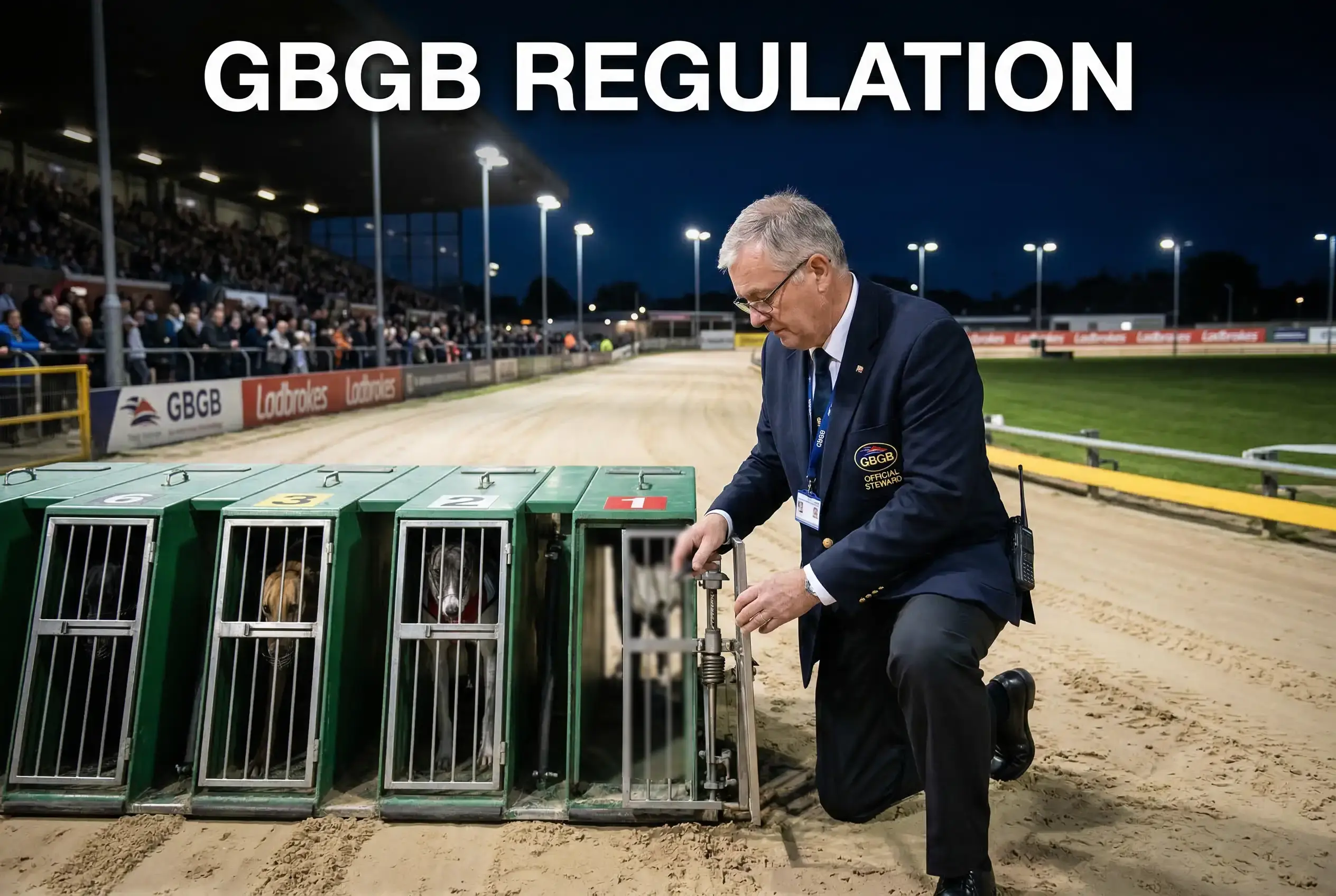 Racing steward in official uniform inspecting greyhound traps before a race at a licensed stadium