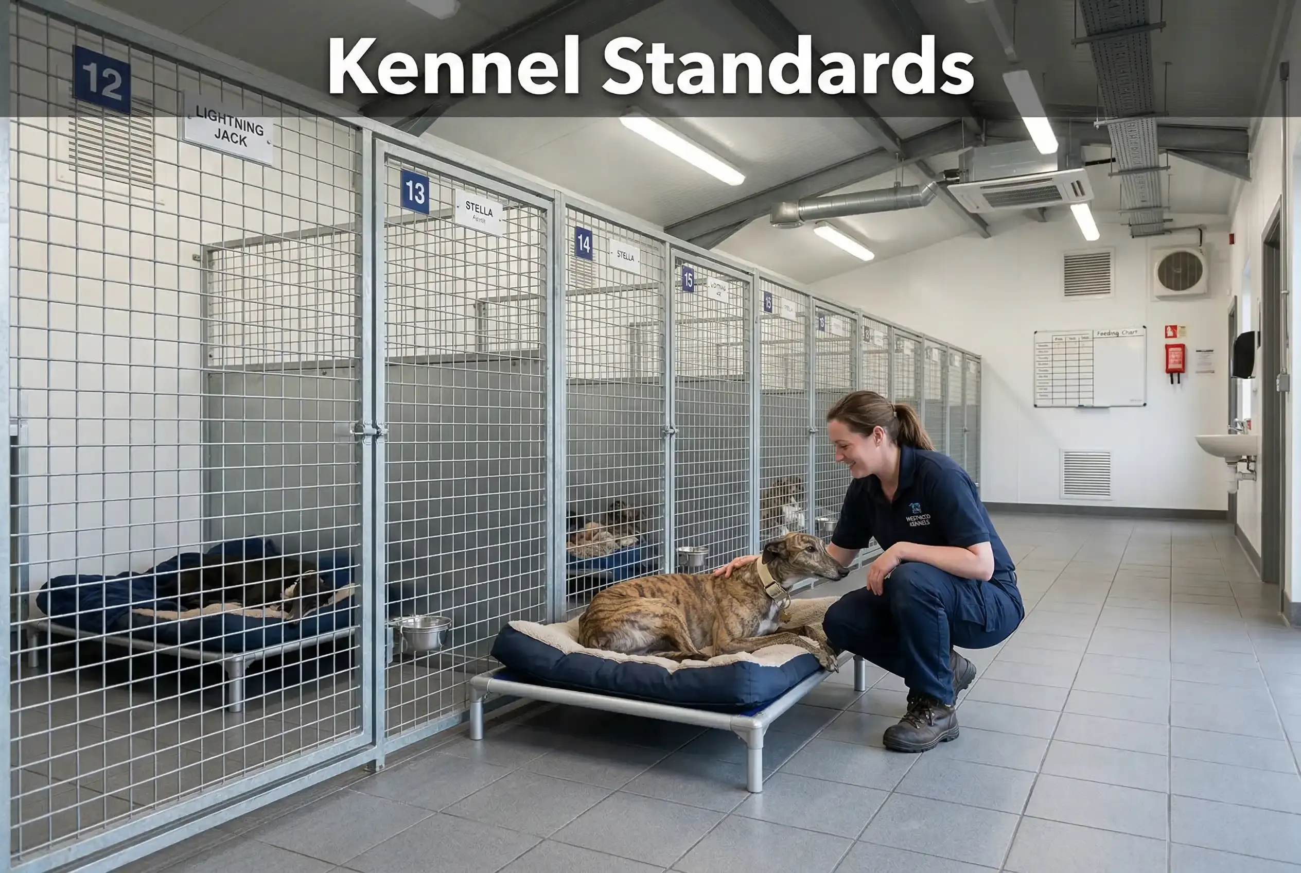 Clean modern greyhound racing kennel with individual beds and a trainer checking on the dogs