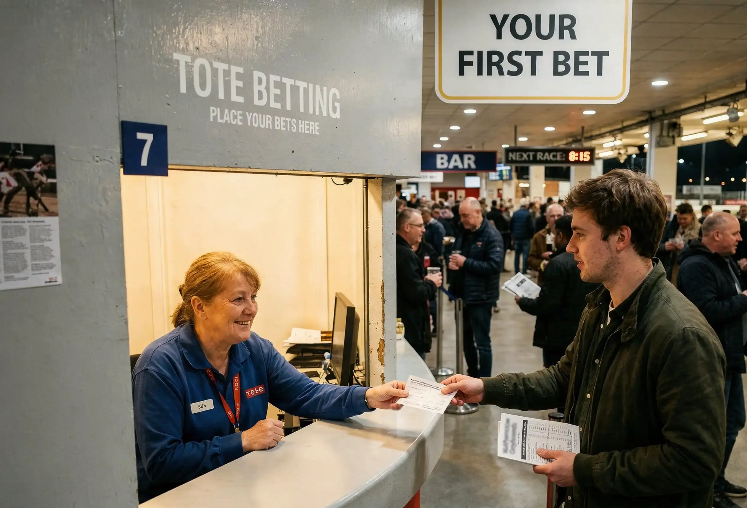 Person at a Tote window placing their first greyhound bet with a racecard in hand