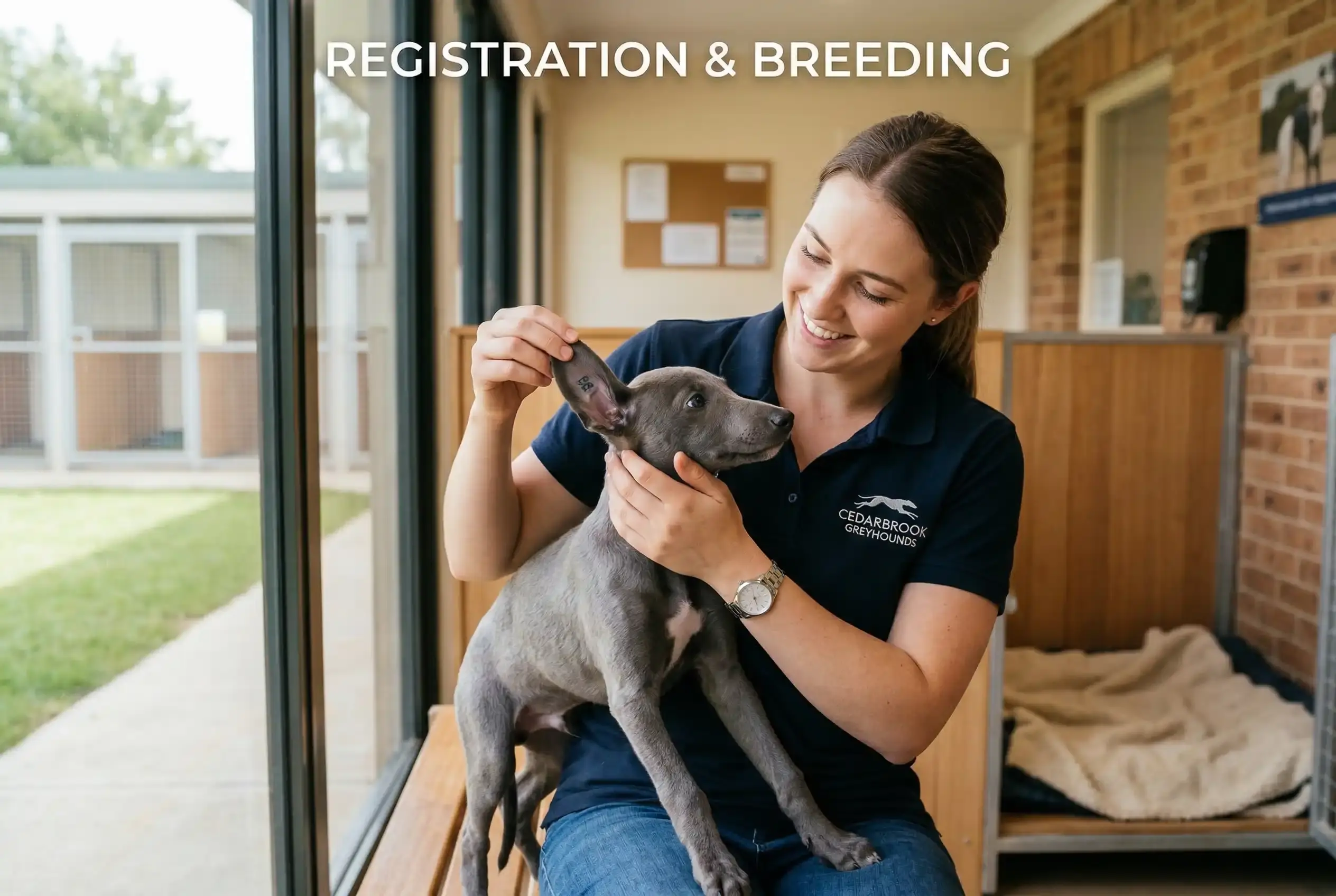 Young greyhound puppy being ear-marked for GBGB registration at a breeding kennel