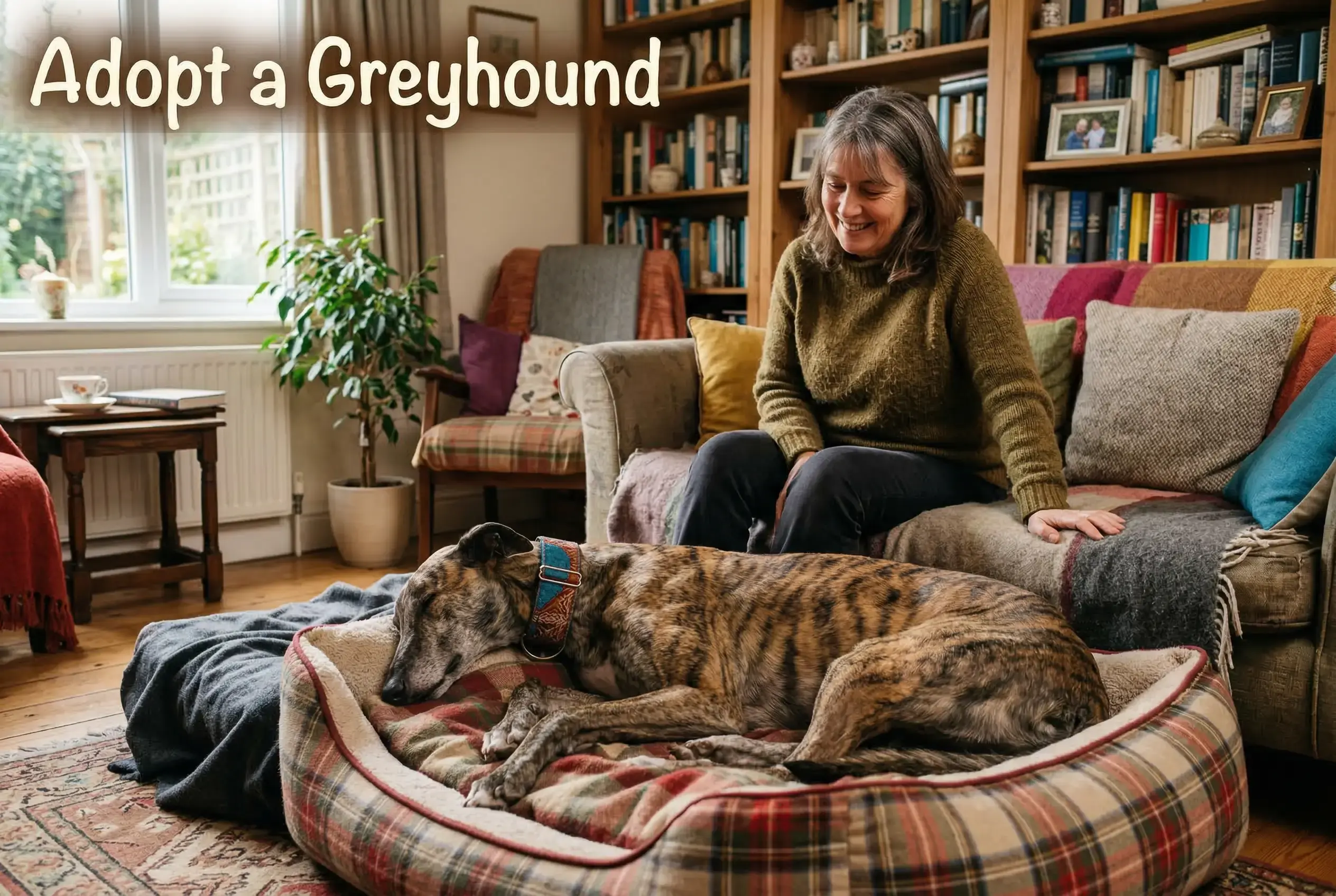 Retired greyhound in a cosy home lying on a dog bed next to a smiling owner on the sofa
