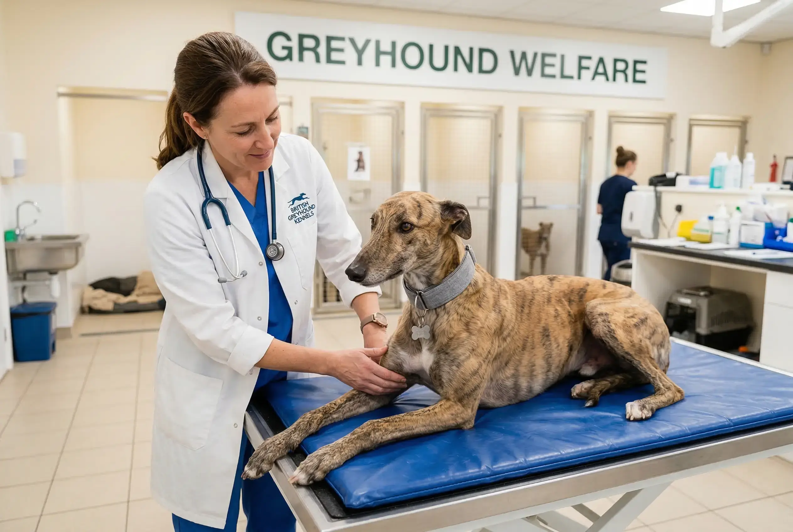 Greyhound wearing a muzzle being examined by a veterinarian at a British racing kennel