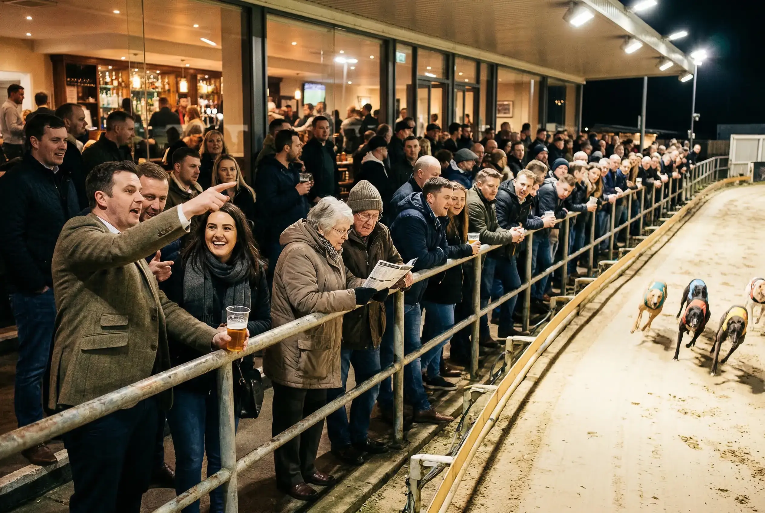 Crowd watching greyhound racing at Newcastle Brough Park on a Saturday evening race night