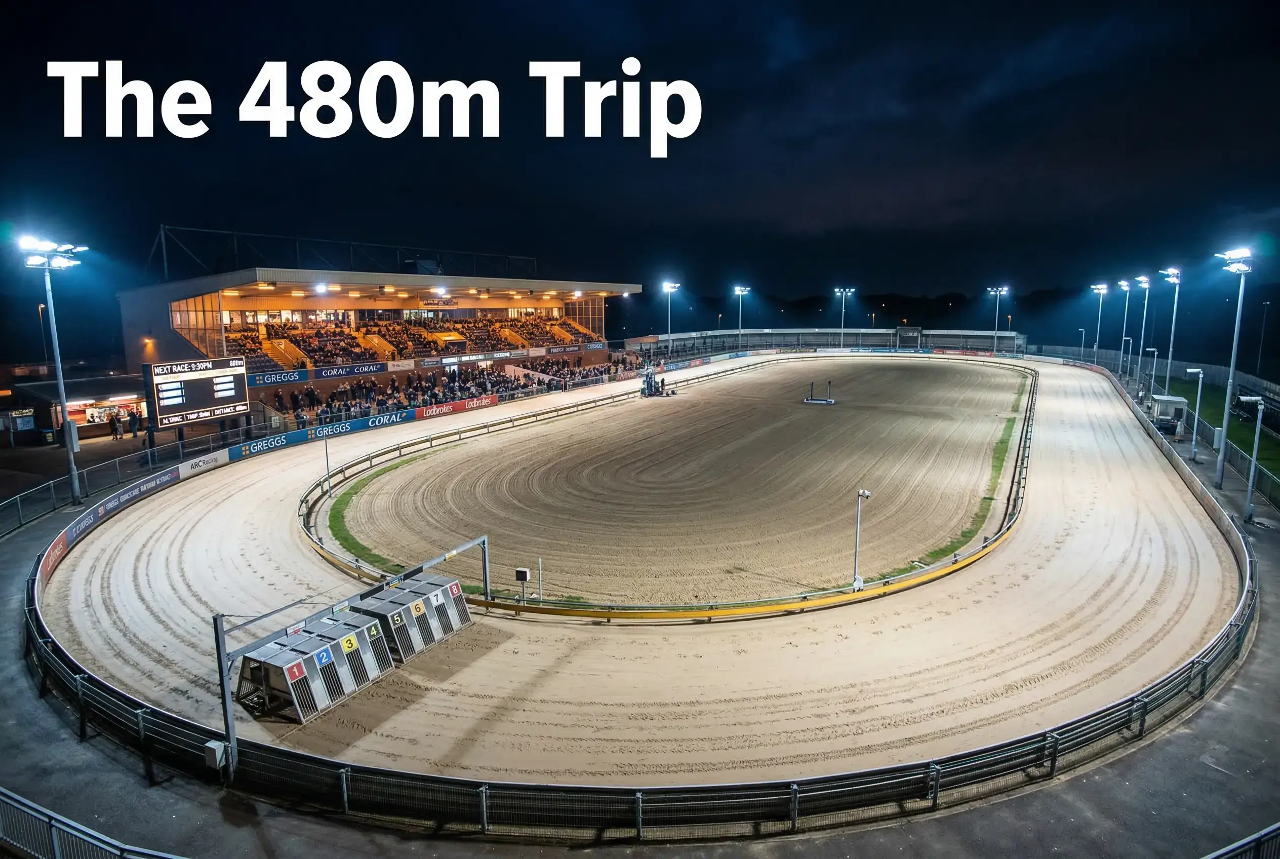 Wide view of the Newcastle Brough Park sand track showing the full 480-metre course under lights