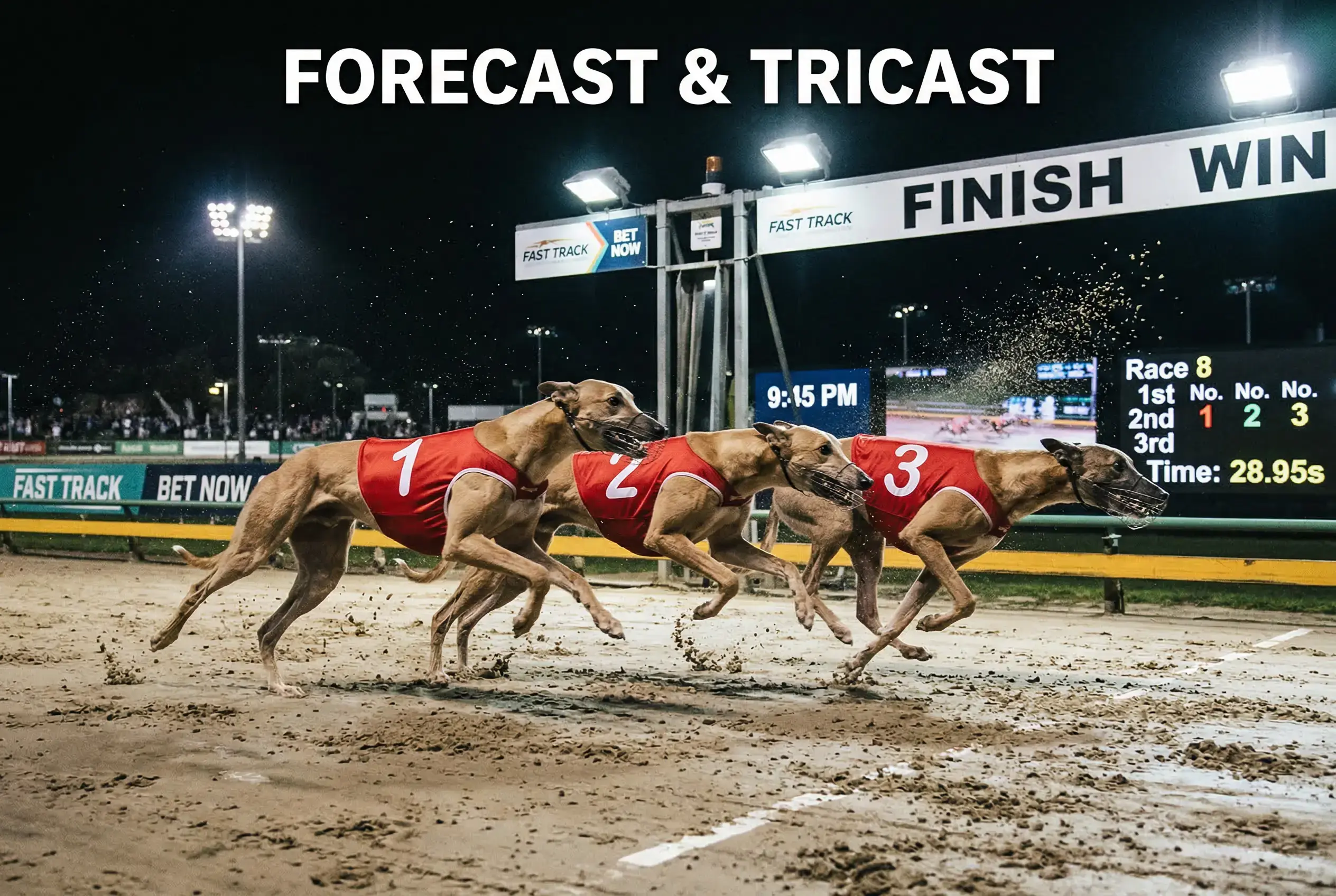 Three greyhounds crossing the finish line in order at a sand track under floodlights
