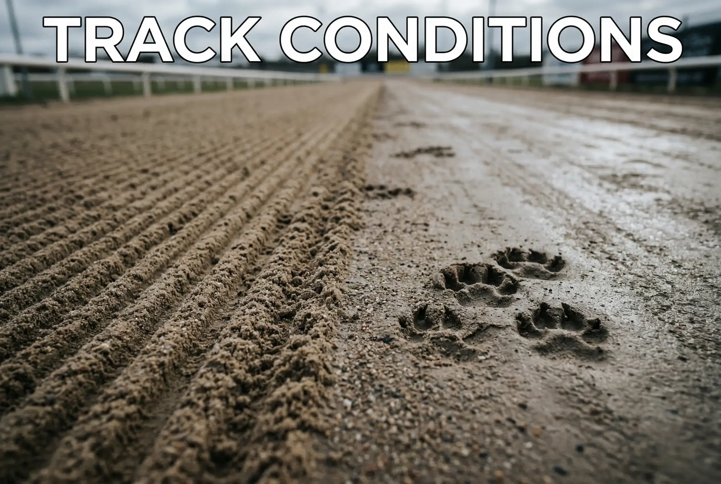 Close-up of a freshly raked sand greyhound track surface with visible moisture and paw prints