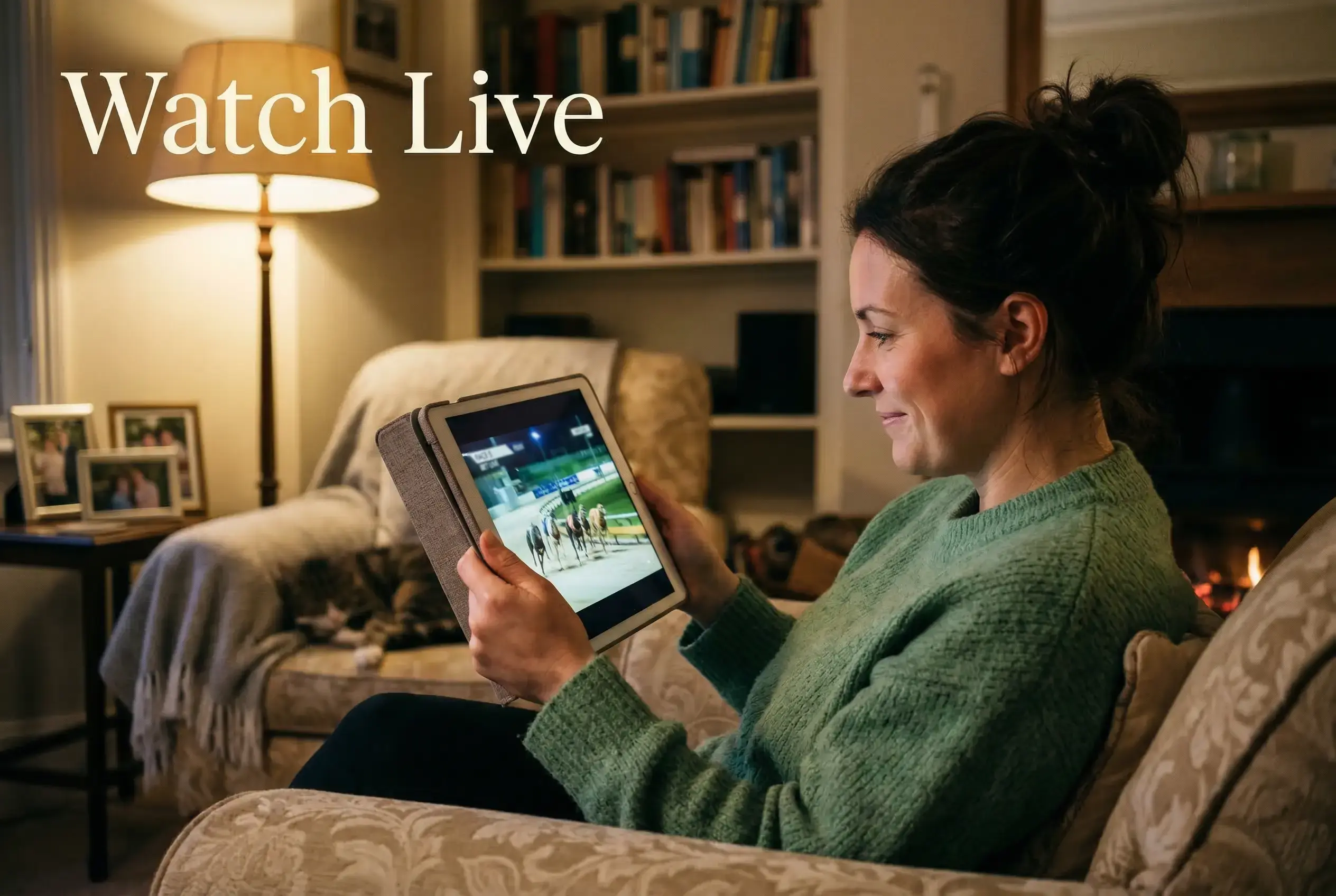 Person watching a live greyhound race stream on a tablet screen at home in the evening