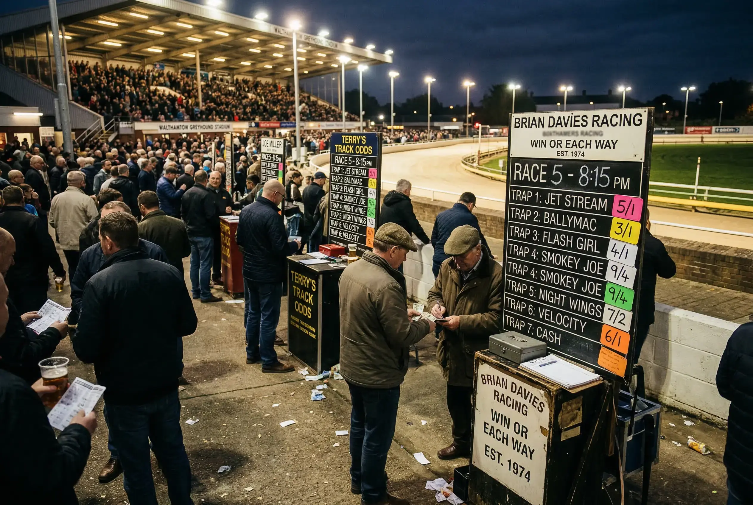 Bookmaker odds boards at a British greyhound stadium showing trap numbers and prices