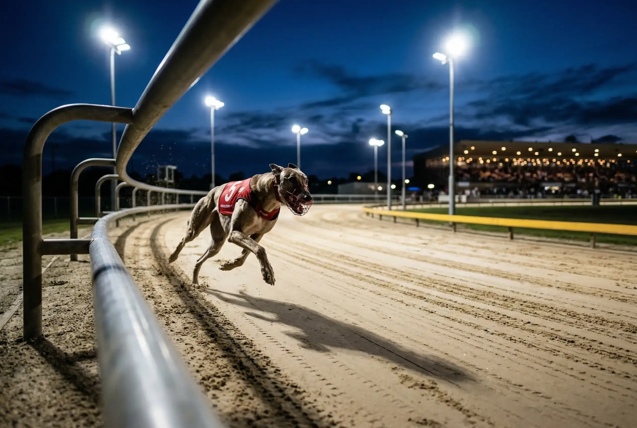 Newcastle greyhound racing at Brough Park on race night under floodlights