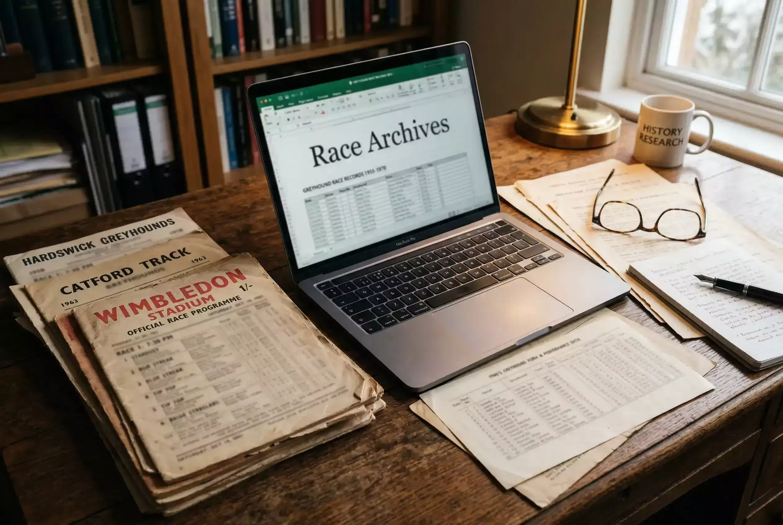 Stack of historical greyhound racing programmes and a laptop showing Newcastle race data archives