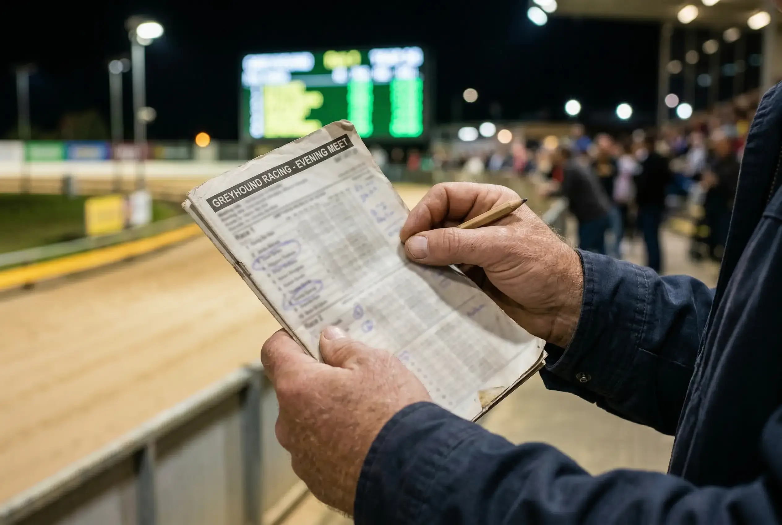 Punter studying a Newcastle greyhound racecard with results and form data at Brough Park