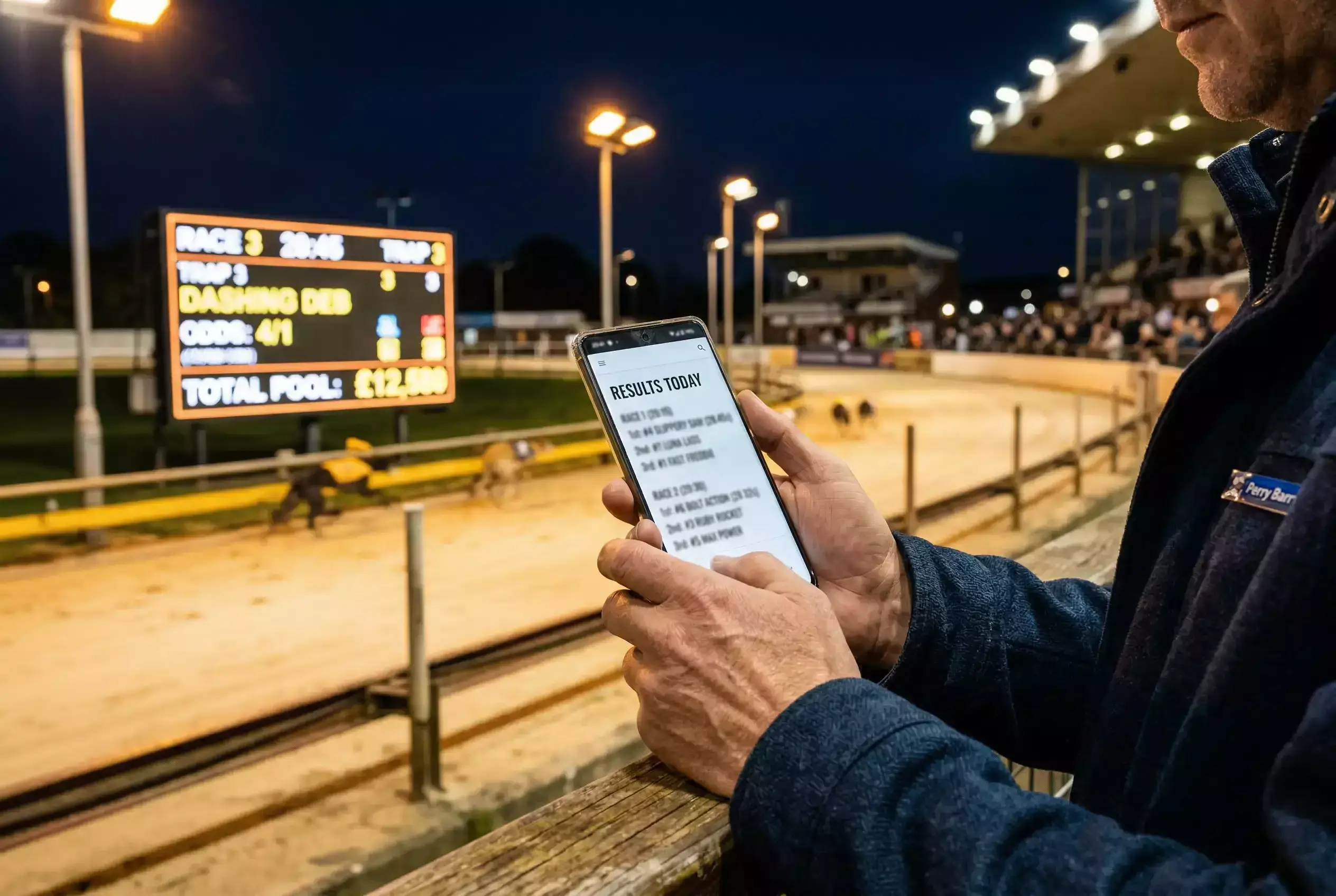 Live greyhound results board at Newcastle Brough Park showing finishing times and starting prices