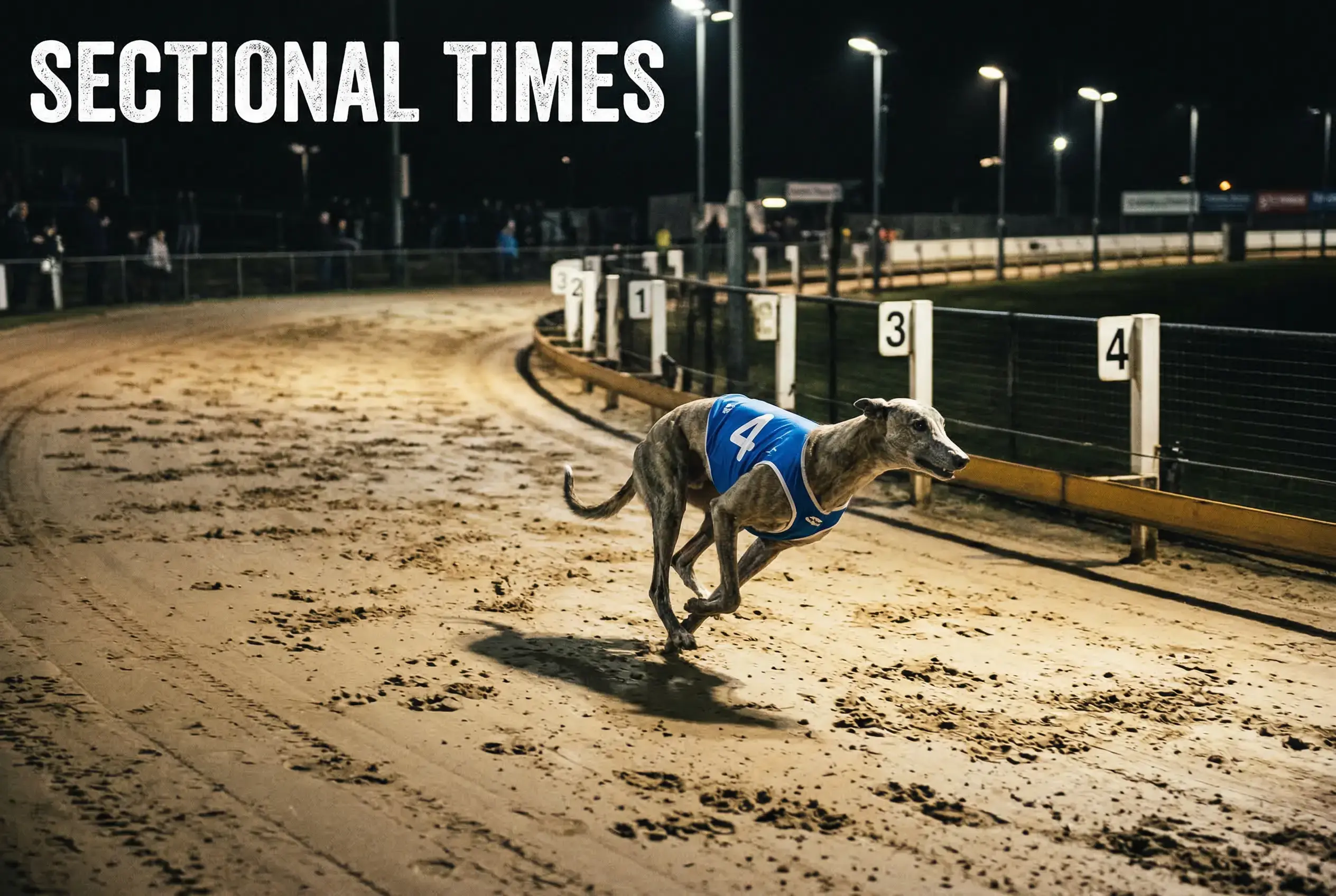 Greyhound rounding a bend on a sand track with section markers visible along the rail