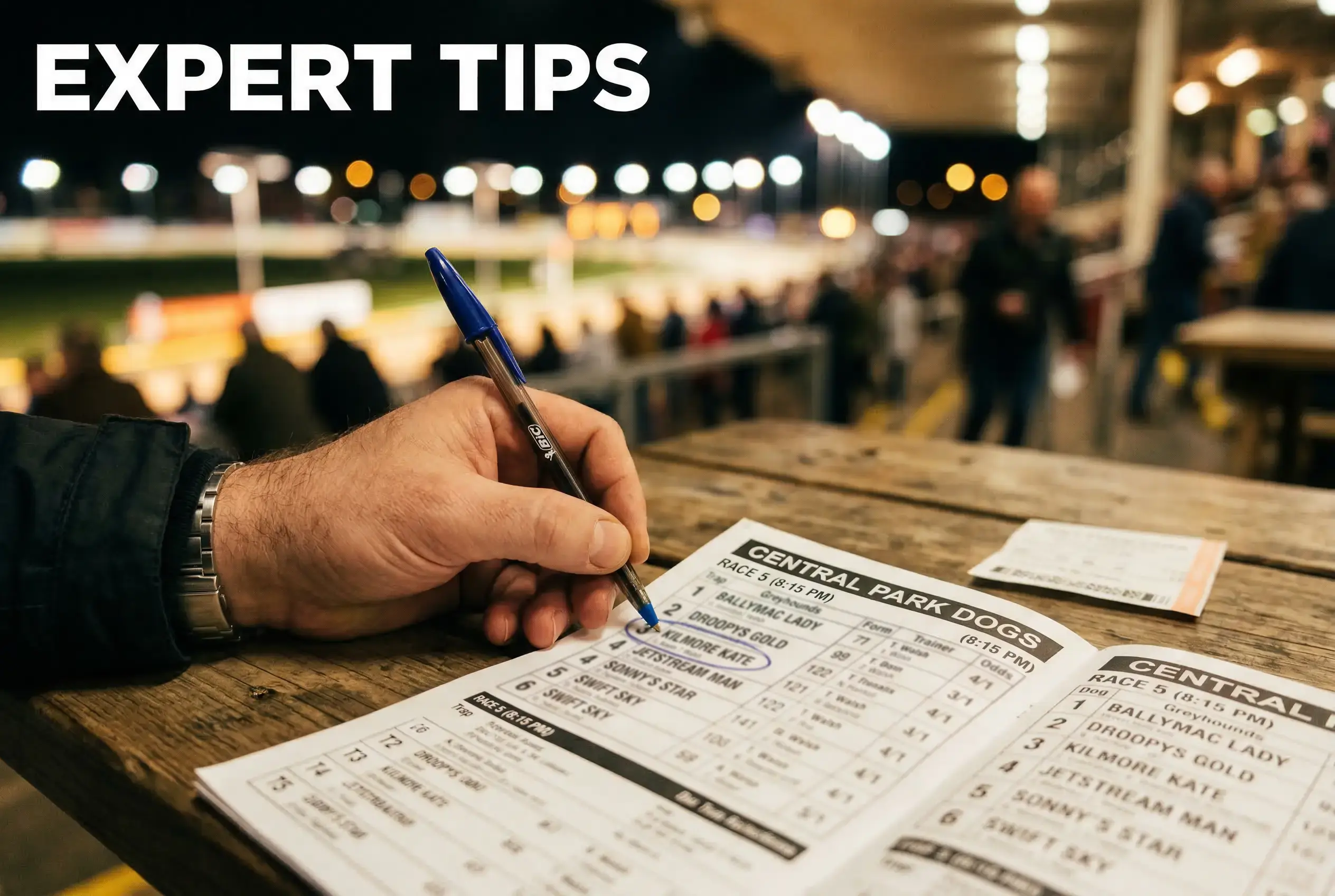 Close-up of a hand circling a selection on a Newcastle greyhound racecard with a pen