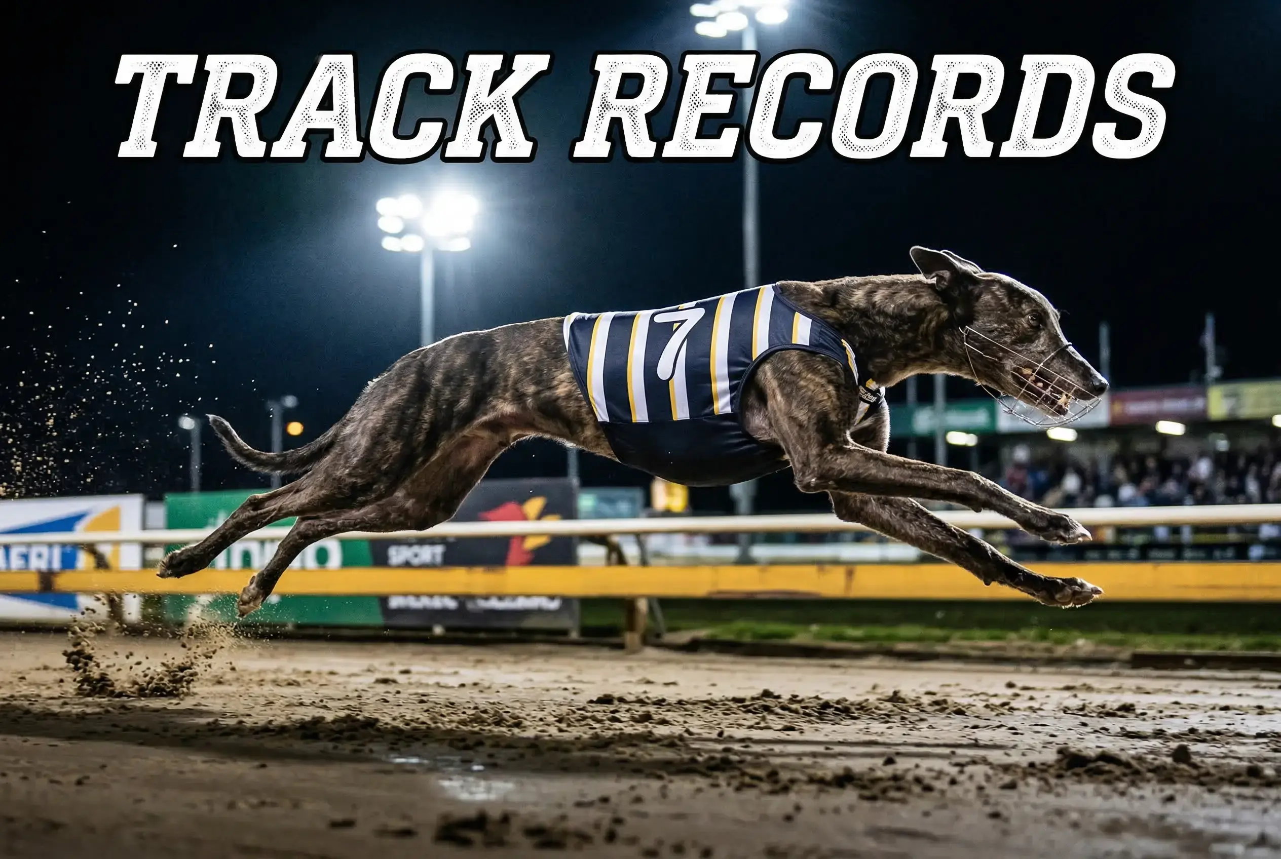 Greyhound sprinting at full stretch on a sand track with a stopwatch superimposed in the corner