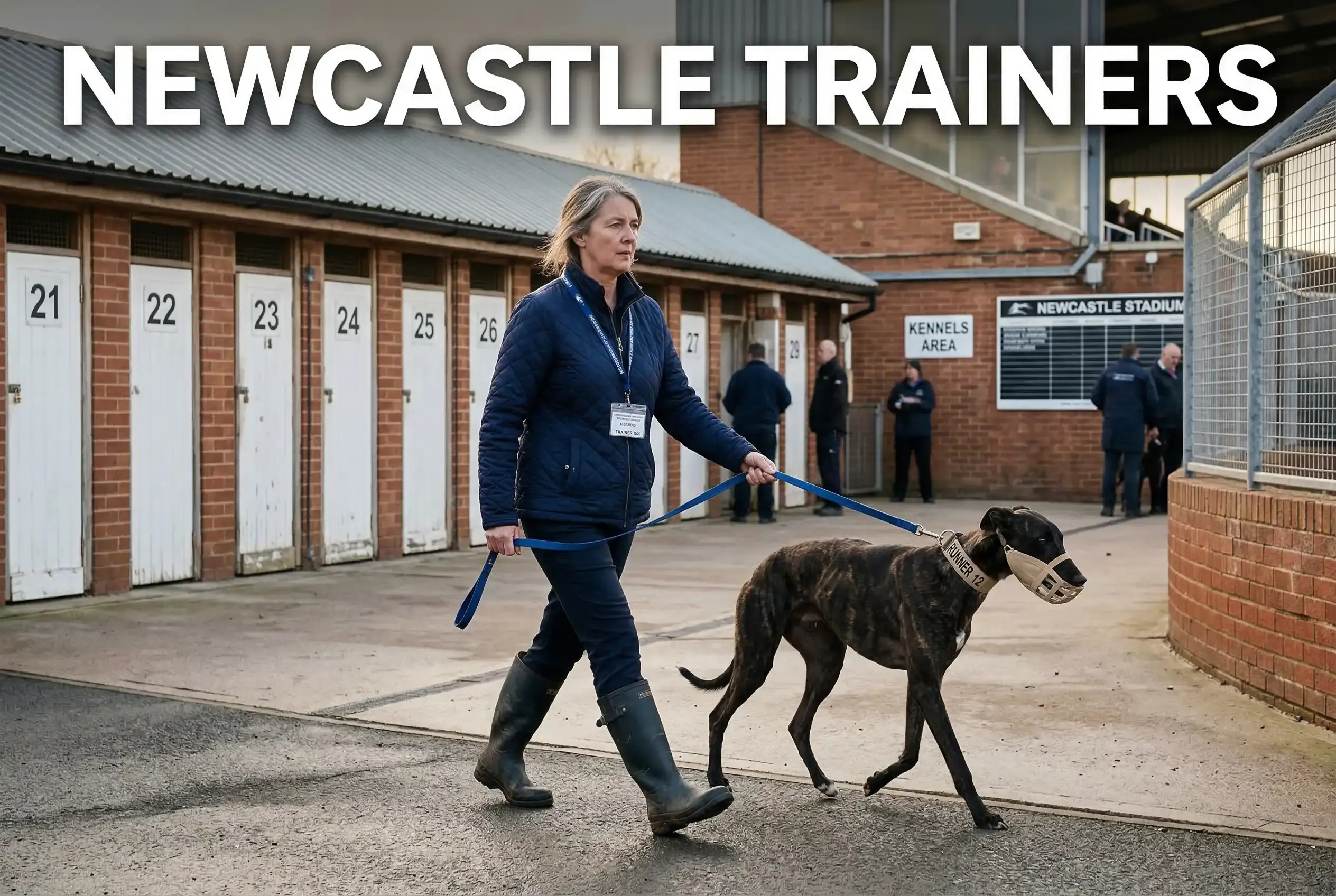 Greyhound trainer leading a racing dog on a lead through the kennel area at a British track