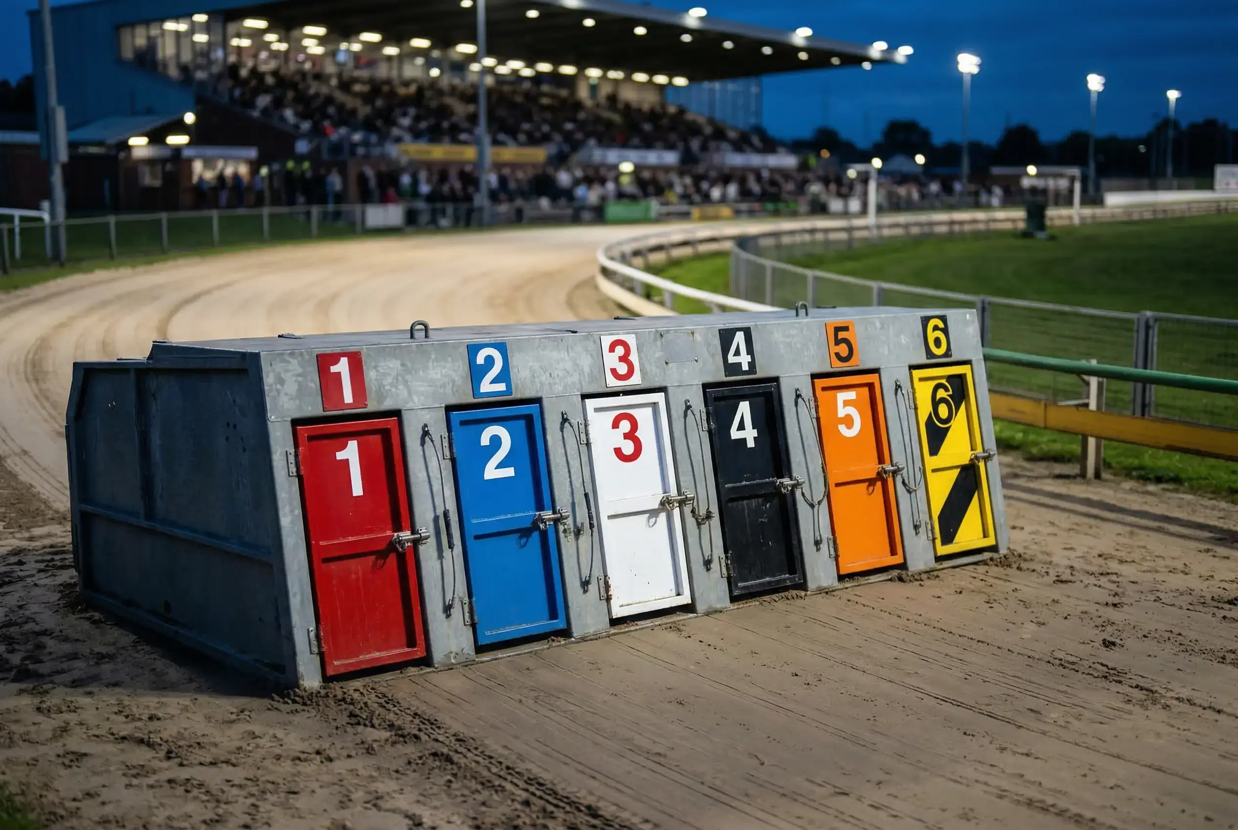 Six numbered greyhound starting traps at Newcastle Brough Park ready for a race