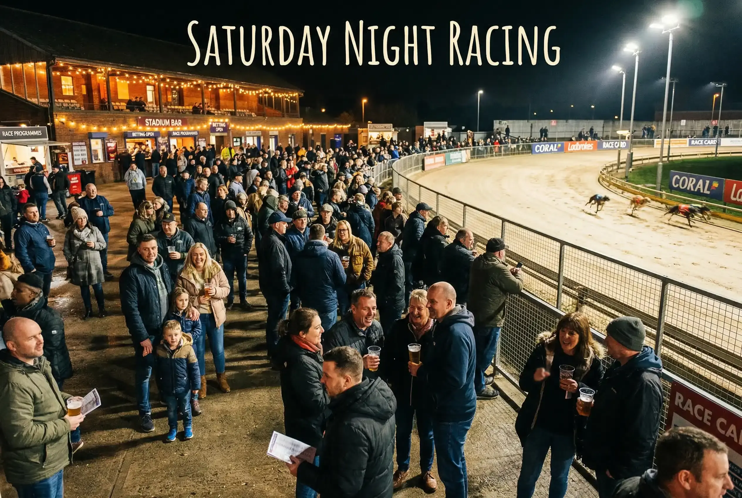 Busy crowd at Newcastle Brough Park on a Saturday night with floodlit track in the background