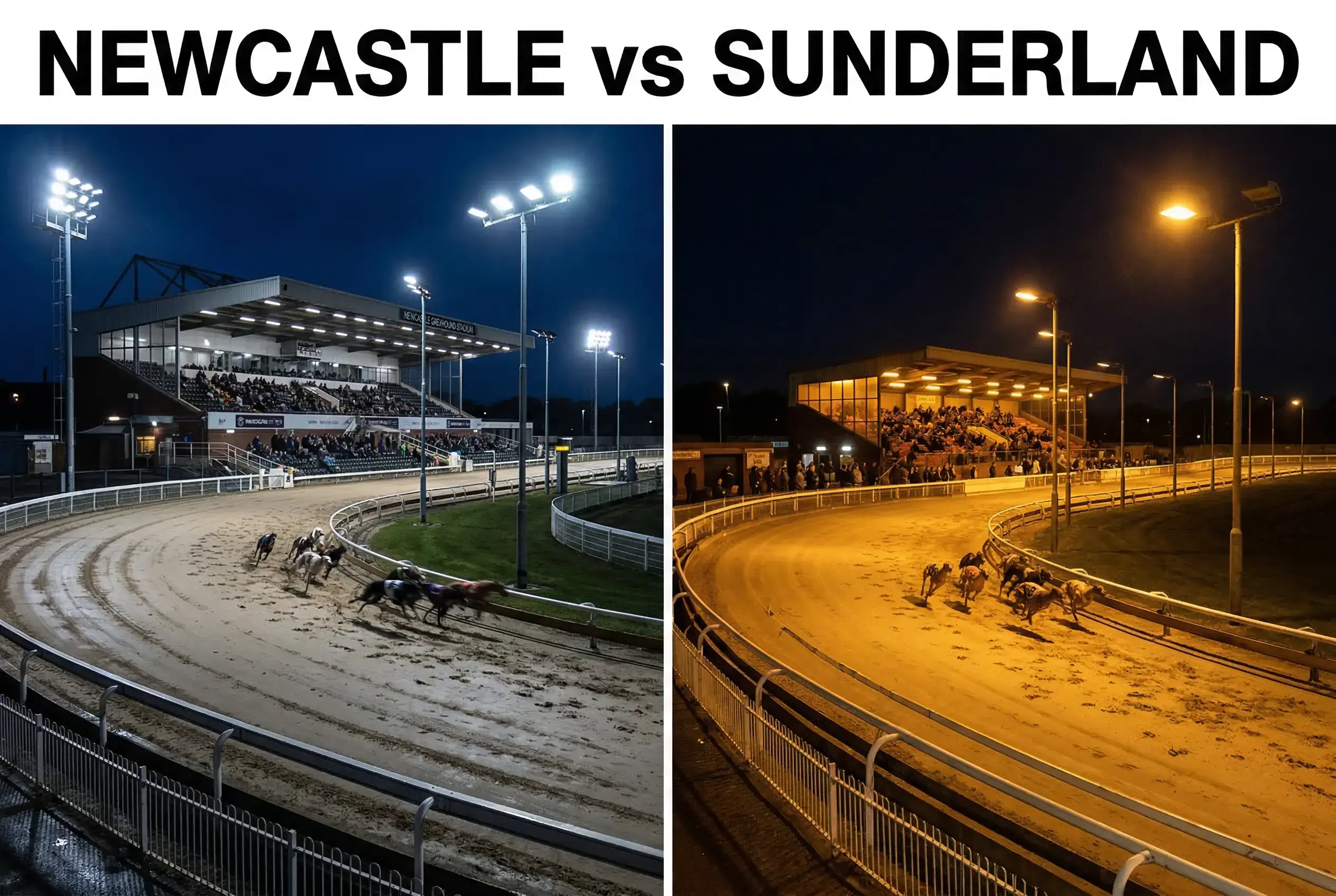Split view of two different British greyhound sand tracks under floodlights for comparison