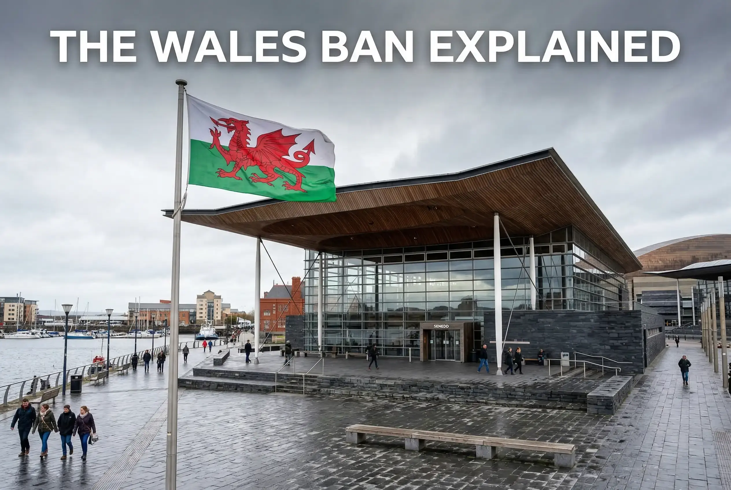 The Senedd building in Cardiff Bay with a Welsh dragon flag flying in the foreground