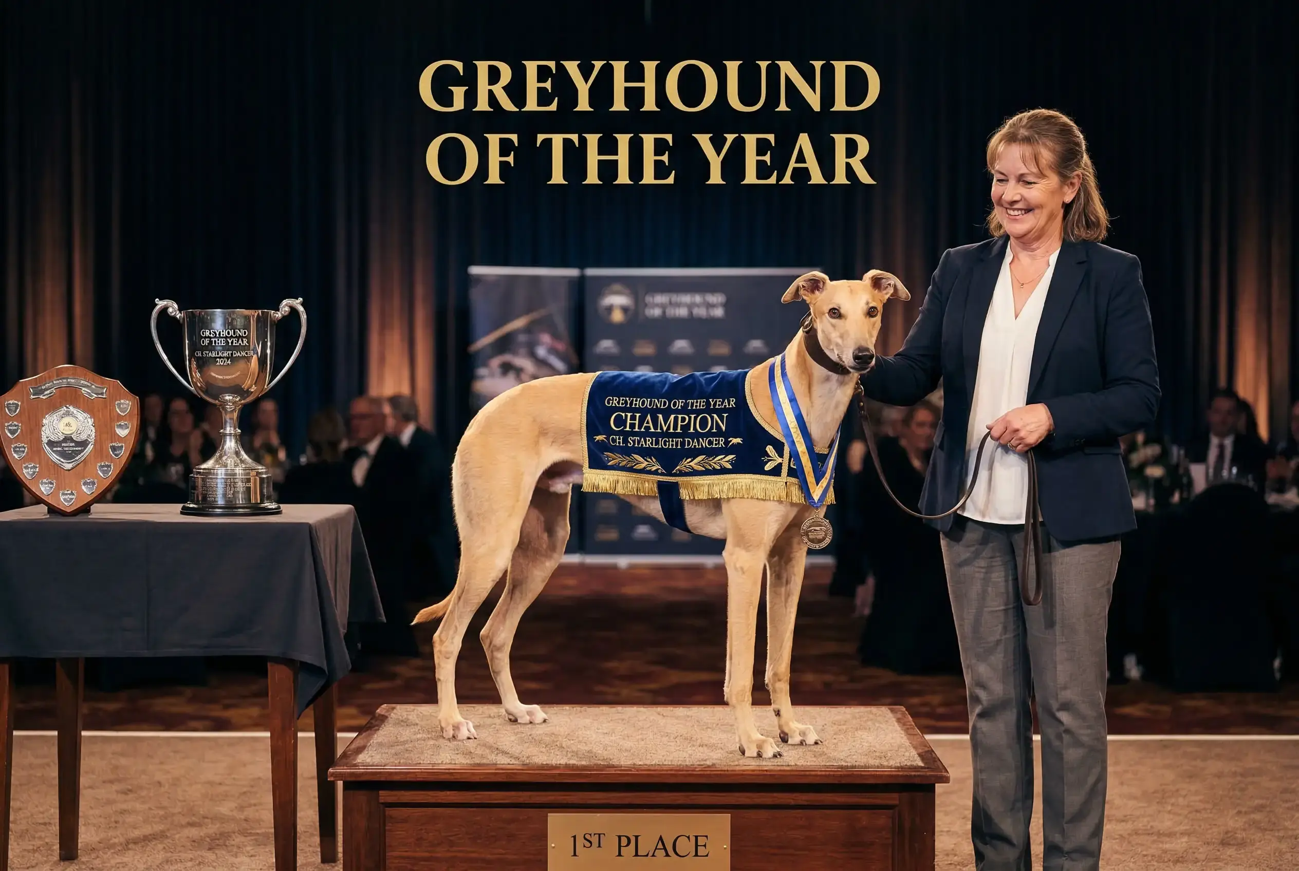 Champion greyhound wearing a winner